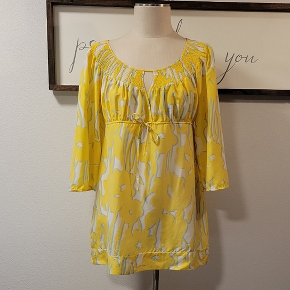 100% SILK, BCBGMAXAZRIA, - Yellow Floral Women's TUNIC TOP or MINI DRESS, NWOT - Picture 1 of 13